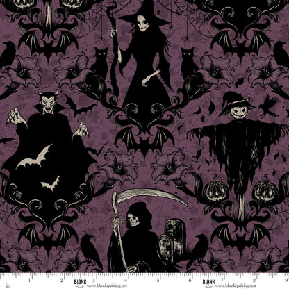 Halloween-themed fabric with black silhouettes on a purple background, featuring ghosts, bats, and pumpkins.