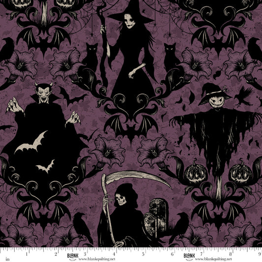 Halloween-themed fabric with black silhouettes on a purple background, featuring ghosts, bats, and pumpkins.