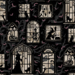 Halloween-themed pattern with silhouettes of witches, cats, and ghosts through windows on a dark background.