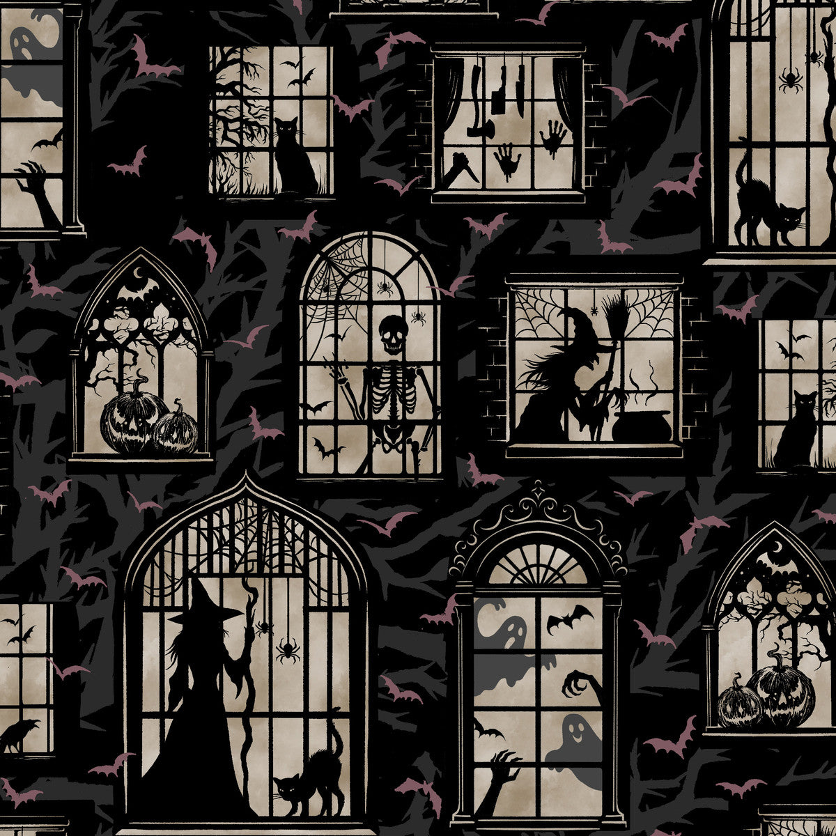 Halloween-themed pattern with silhouettes of witches, cats, and ghosts through windows on a dark background.