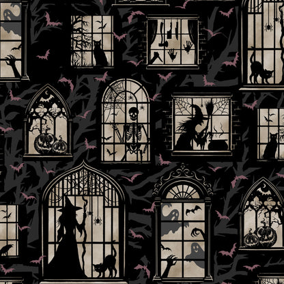 Halloween-themed pattern with silhouettes of witches, cats, and ghosts through windows on a dark background.