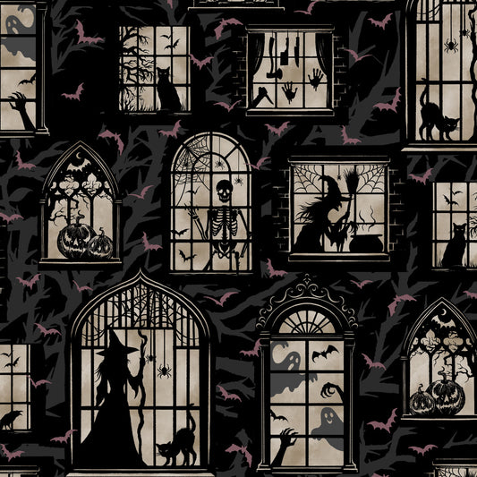 Halloween-themed pattern with silhouettes of witches, cats, and ghosts through windows on a dark background.