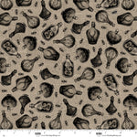Pattern of black bottles and skulls on a beige background