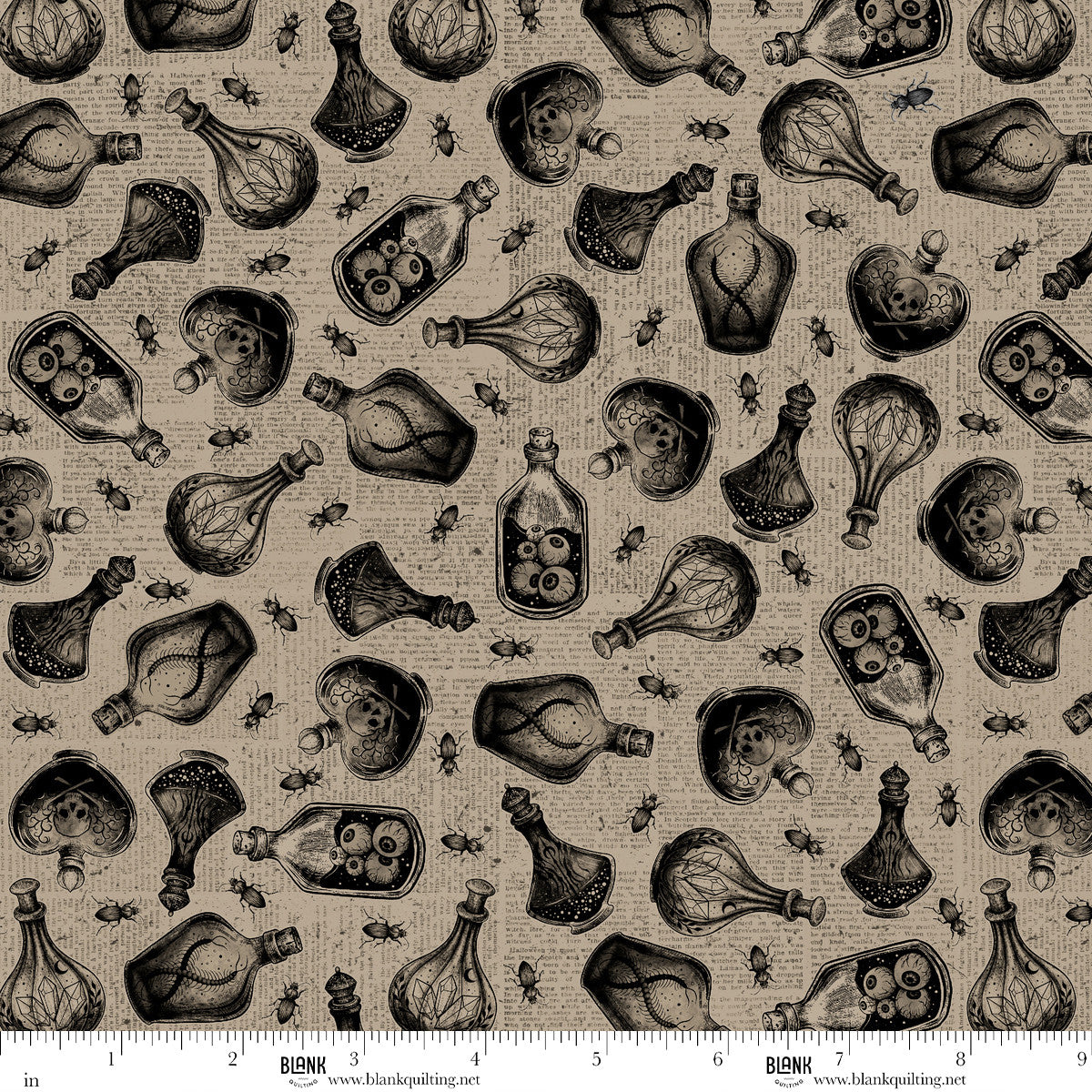Pattern of black bottles and skulls on a beige background