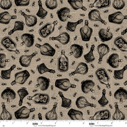 Pattern of black bottles and skulls on a beige background