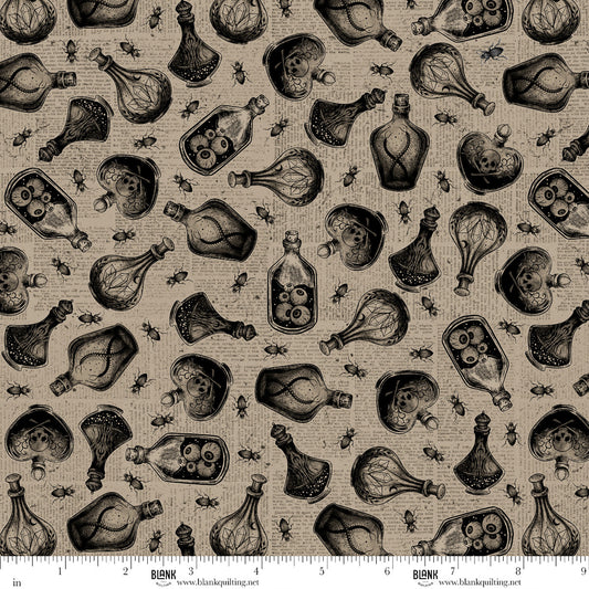Pattern of black bottles and skulls on a beige background