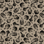 Pattern of vintage bottles and skulls on a textured beige background