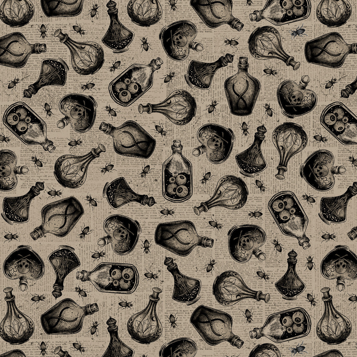 Pattern of vintage bottles and skulls on a textured beige background