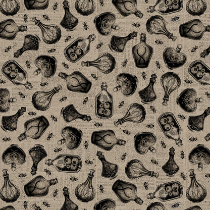 Pattern of vintage bottles and skulls on a textured beige background