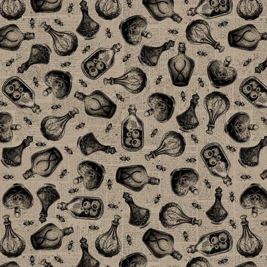 Pattern of vintage bottles and skulls on a textured beige background