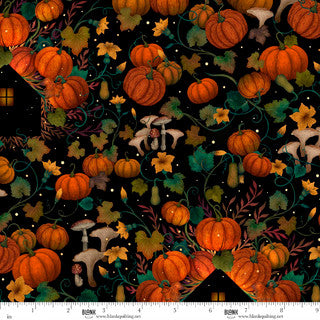 Halloween-themed fabric with pumpkins, ghosts, and leaves on a black background