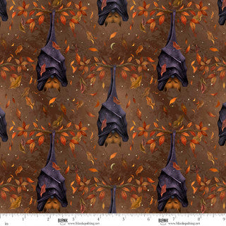 Pattern of bats and leaves on a brown background