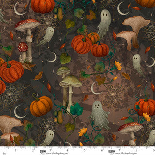 Halloween-themed fabric with pumpkins, ghosts, and mushrooms on a brown background.