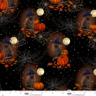 Halloween-themed fabric pattern with cats, pumpkins, and spider webs on a dark background.