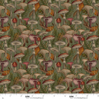 Pattern of colorful mushrooms on a green background