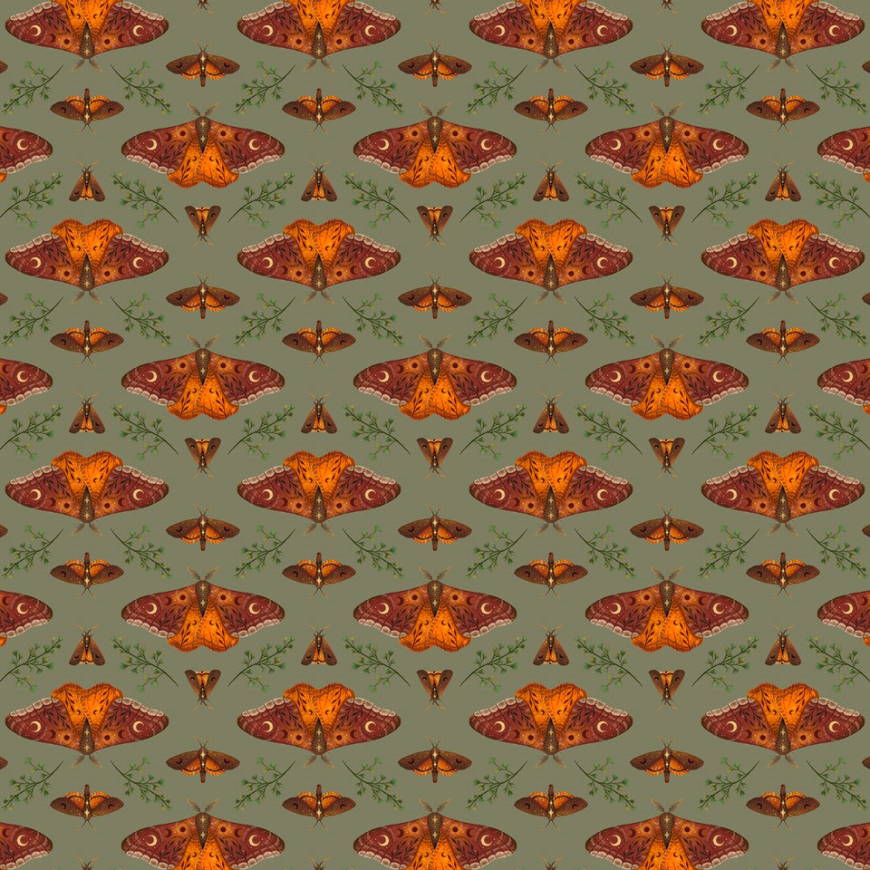 Pattern of orange and brown moths on a green background