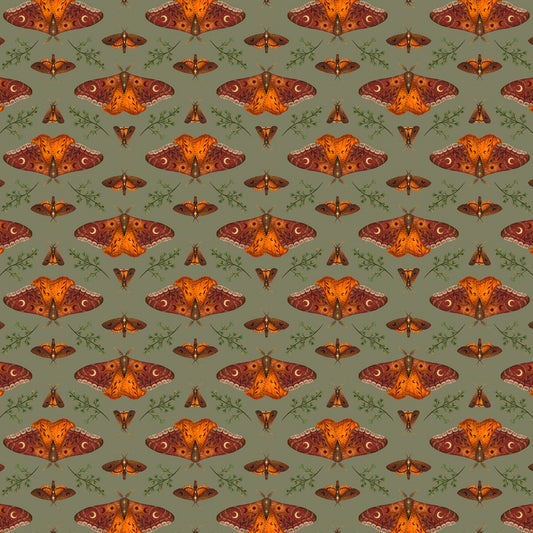 Pattern of orange and brown moths on a green background
