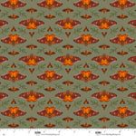 Pattern of orange and red moths on a green background