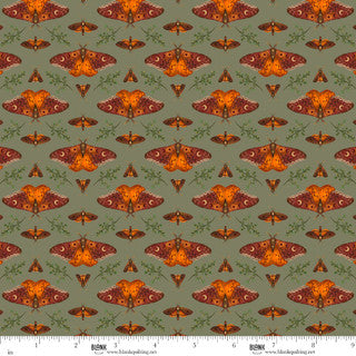 Pattern of orange and red moths on a green background