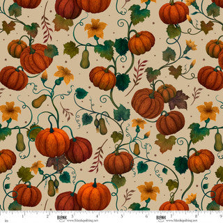 Fabric with pumpkins and leaves pattern on a beige background