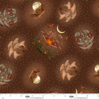 Moths, Moons and Mushrooms on a brown background