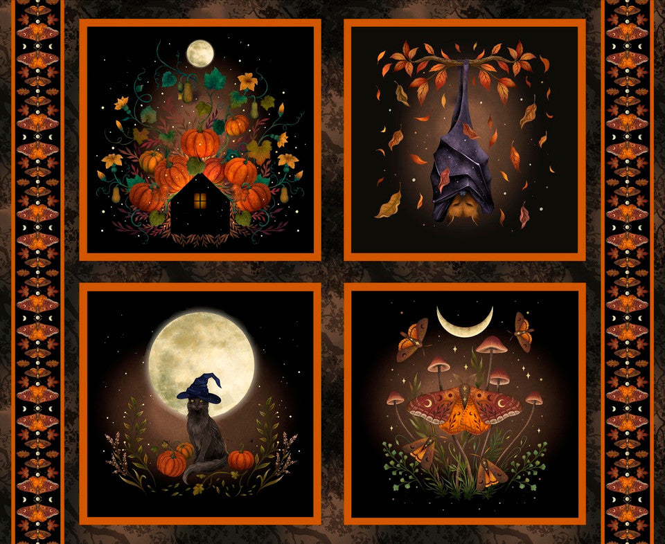 Four Halloween-themed illustrations with pumpkins, cats, and moonlit scenes on a dark background.