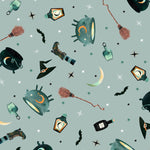 Halloween-themed pattern with brooms, bottles, and hats on a light blue background.