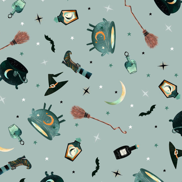 Halloween-themed pattern with brooms, bottles, and hats on a light blue background.
