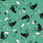 Pattern of black cats, books, and potion bottles on a green background