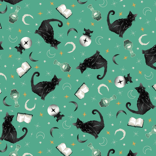Pattern of black cats, books, and potion bottles on a green background