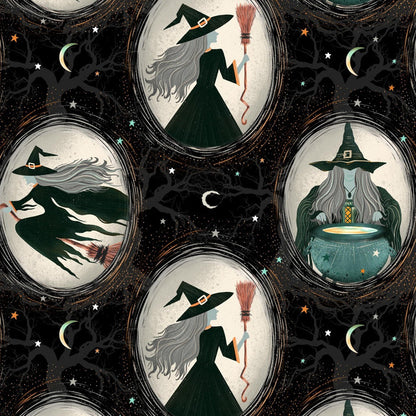 Pattern of witches and brooms with a mystical theme on a dark background.