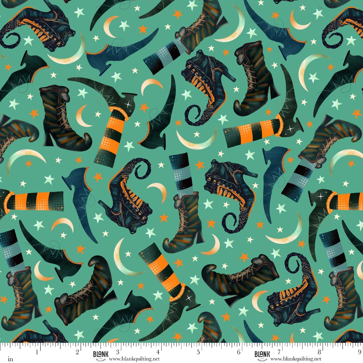 Pattern of witch boots and cats on a teal background with stars and moons.