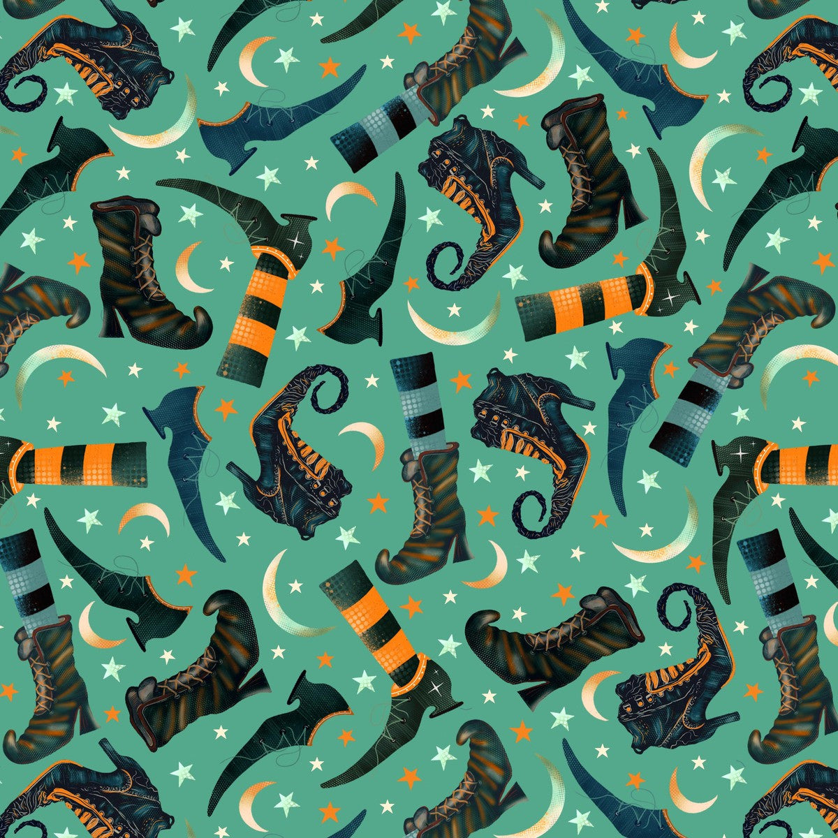 Pattern of witch boots, cats, and moon phases on a teal background