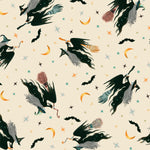 Halloween-themed pattern with witches, brooms, and moons on a beige background.