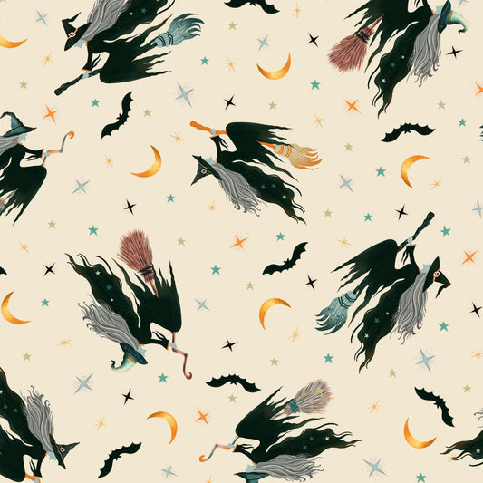 Halloween-themed pattern with witches, brooms, and moons on a beige background.