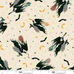 Pattern of black witches flying on brooms with colorful accents on a beige background.