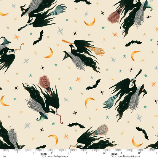 Pattern of black witches flying on brooms with colorful accents on a beige background.