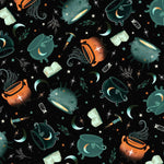 Halloween-themed pattern with cauldrons, books, and stars on a black background.