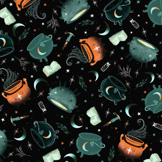 Halloween-themed pattern with cauldrons, books, and stars on a black background.