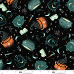Halloween-themed fabric pattern with cauldrons, bottles, and stars on a black background.