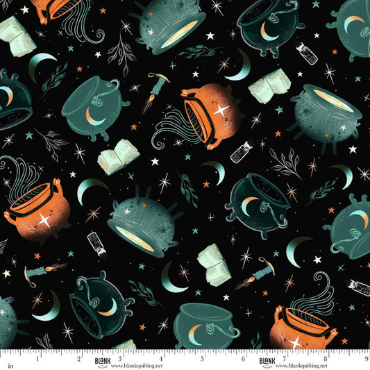 Halloween-themed fabric pattern with cauldrons, bottles, and stars on a black background.