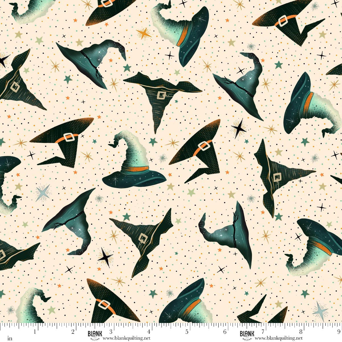 Pattern of witch hats on a beige background with stars and polka dots.
