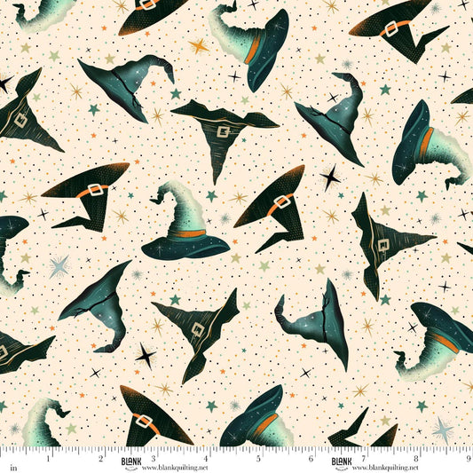 Pattern of witch hats on a beige background with stars and polka dots.