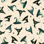 Pattern of witch hats on a beige background with stars.