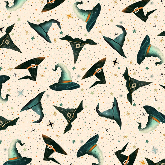 Pattern of witch hats on a beige background with stars.