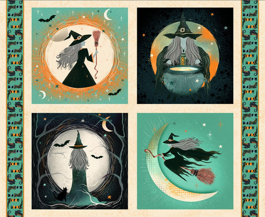 Four Halloween-themed illustrations of witches with decorative borders.