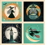 Four Halloween-themed illustrations of witches with decorative borders.