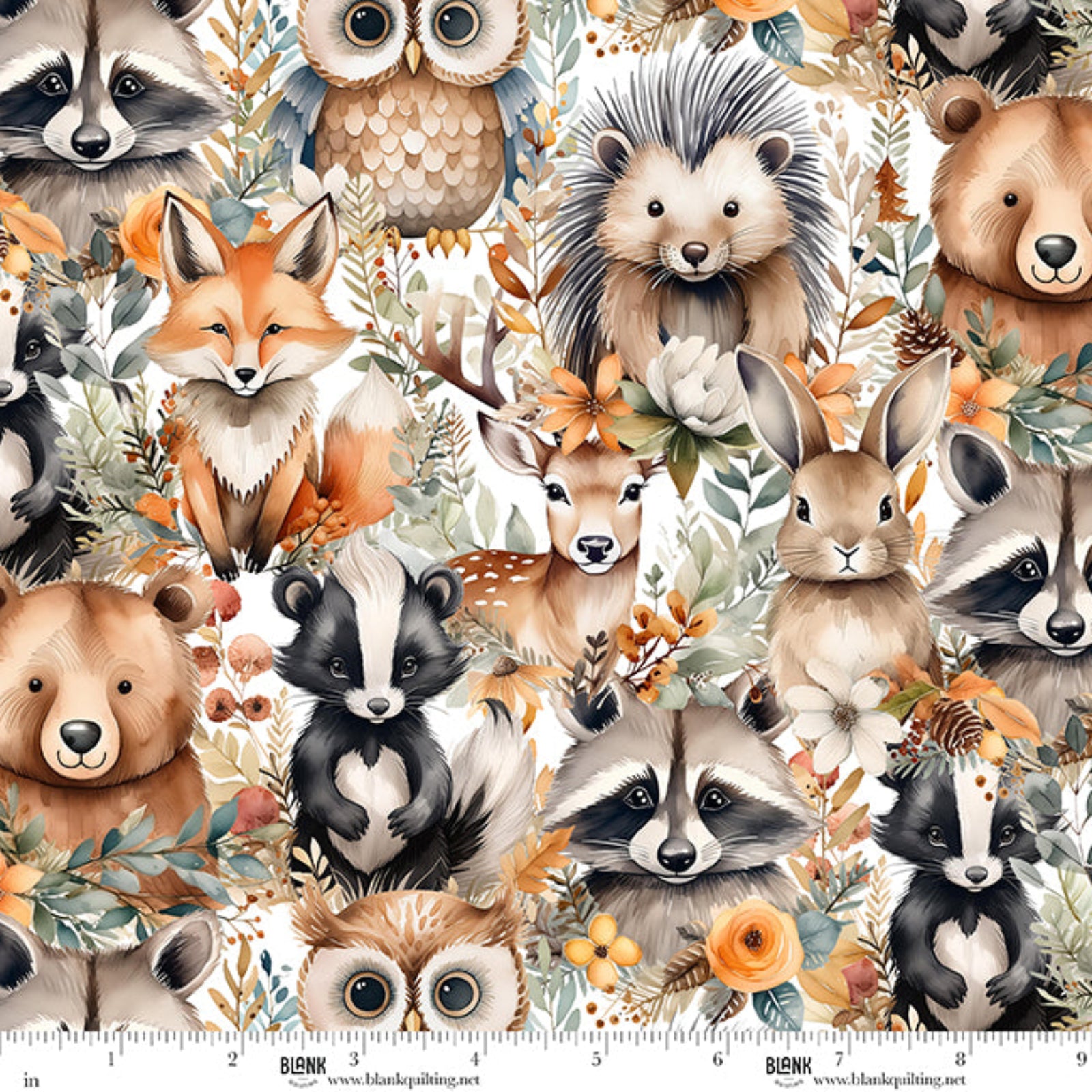 A repeating illustrated pattern of woodland animals including foxes, raccoons, a hedgehog, a deer, a rabbit, bears, owls, and badgers surrounded by autumn leaves and flowers on a white background, with a BLANK brand ruler visible along the bottom edge.