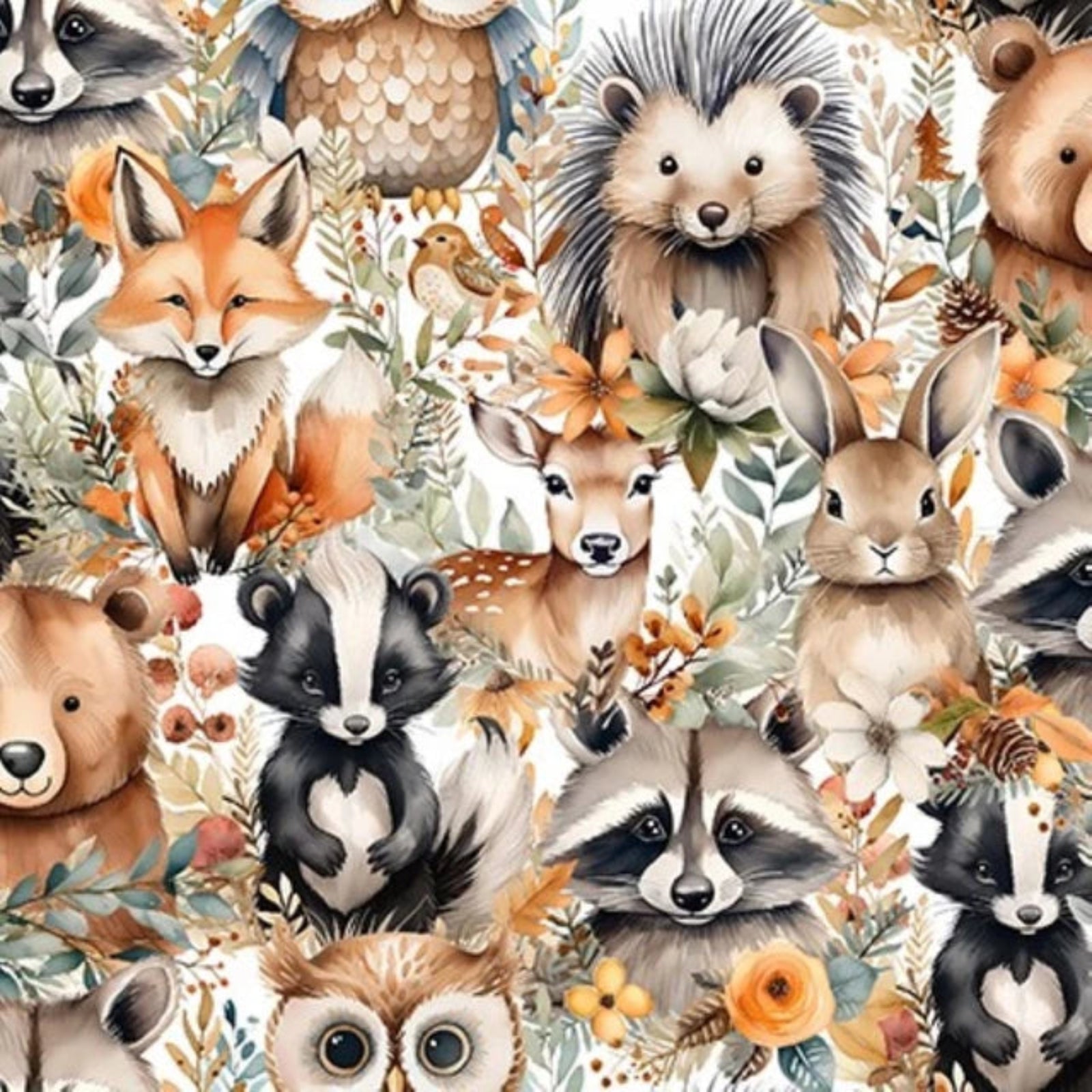 Pattern of various forest animals with leaves and flowers on a fabric background