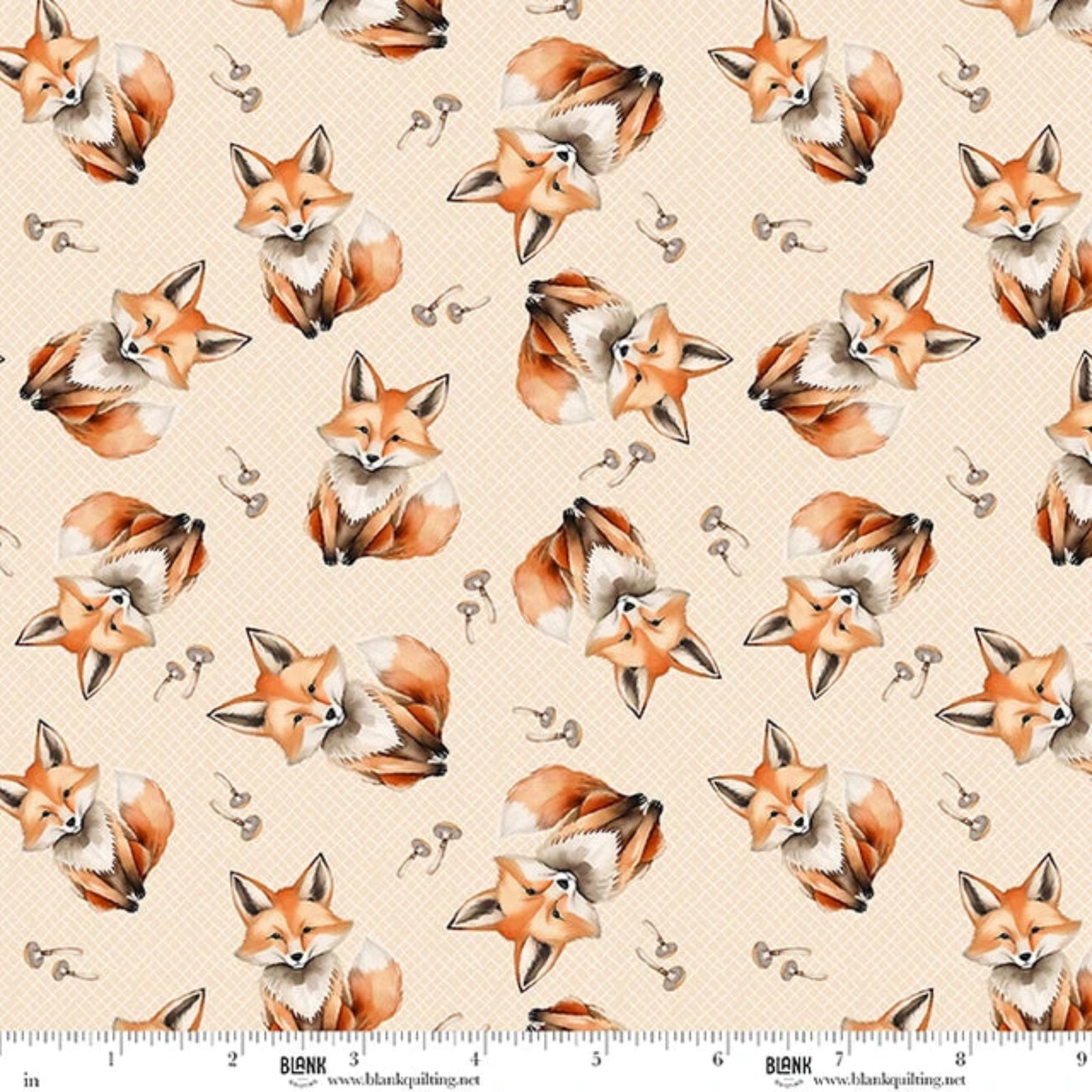 A repeating fabric pattern featuring watercolor-style foxes and stars in orange, brown, cream, and black on a light beige background, with a measuring ruler along the bottom edge showing the scale.